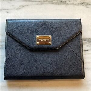 Michael Kors black saffiano leather, gold hardware clutch ipad case, card slots
